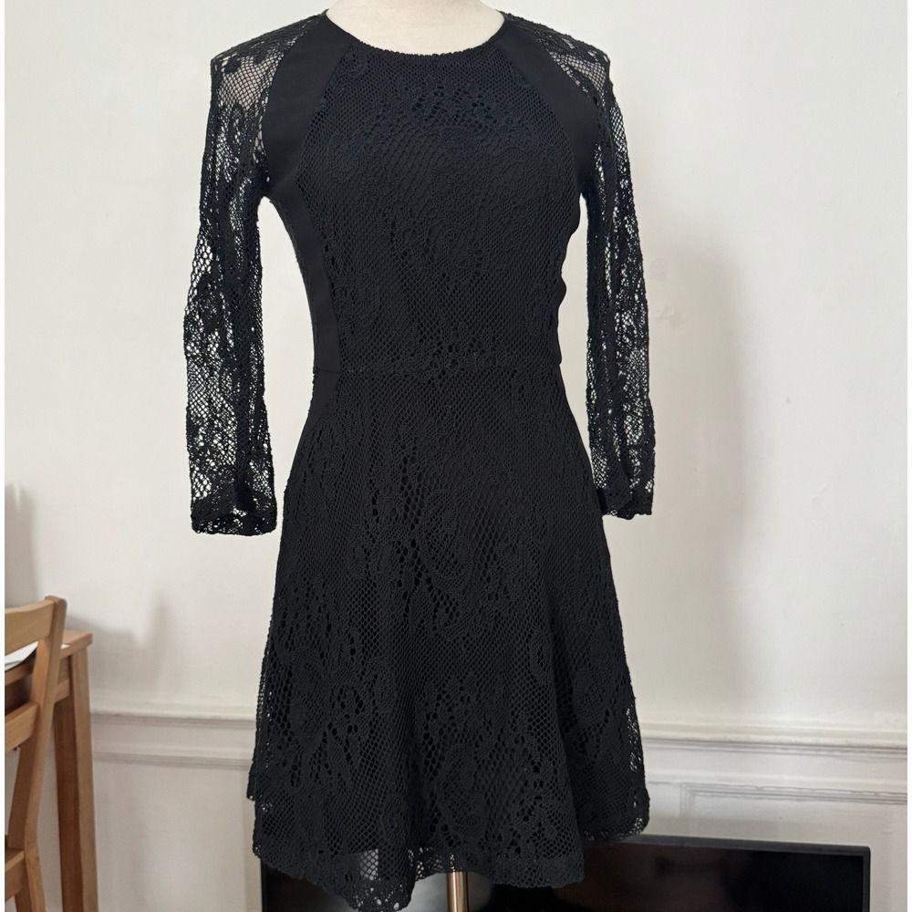 Sandro Paris Black Lace Mini Dress Long Sleeve Exposed Gold Zipper Size 1 Small